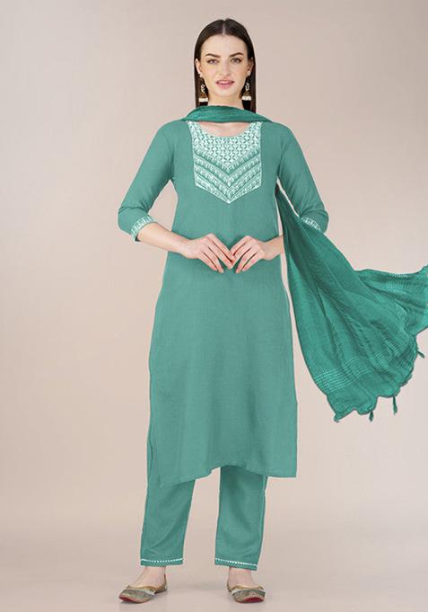 Teal Embroidered Cotton Blend Kurta Set