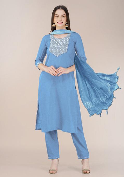 Sky Blue Embroidered Cotton Blend Kurta Set