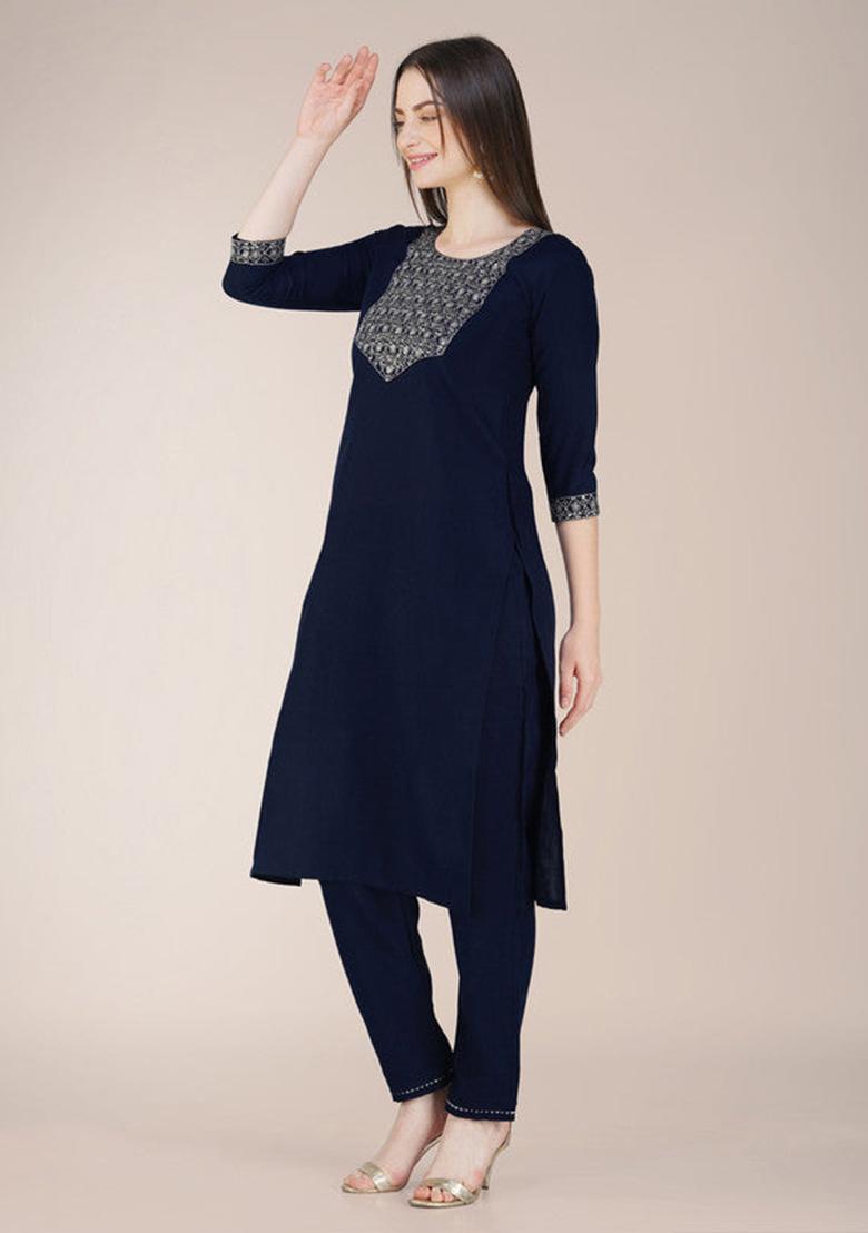 Navy Blue Embroidered Cotton Blend Kurta Set