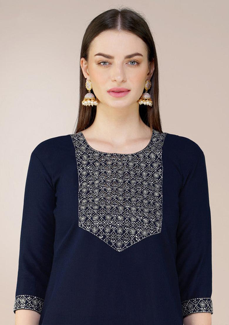 Navy Blue Embroidered Cotton Blend Kurta Set