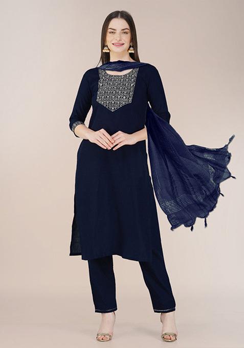 Navy Blue Embroidered Cotton Blend Kurta Set