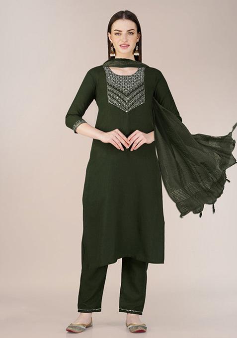 Olive Green Embroidered Cotton Blend Kurta Set