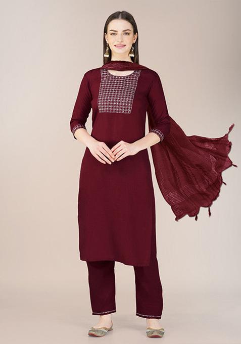 Maroon Embroidered Cotton Blend Kurta Set