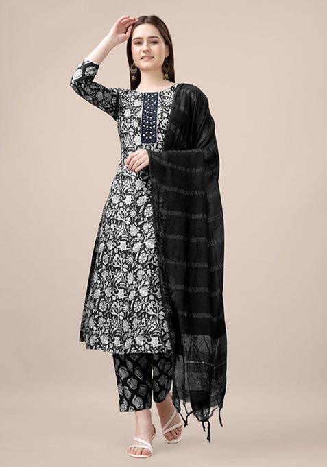 Black Embroidered Rayon Kurta Set