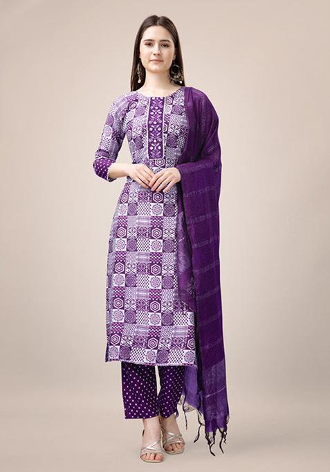 Purple Embroidered Rayon Kurta Set