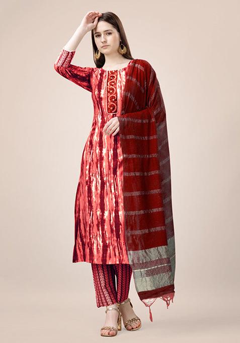 Orange Embroidered Rayon Kurta Set