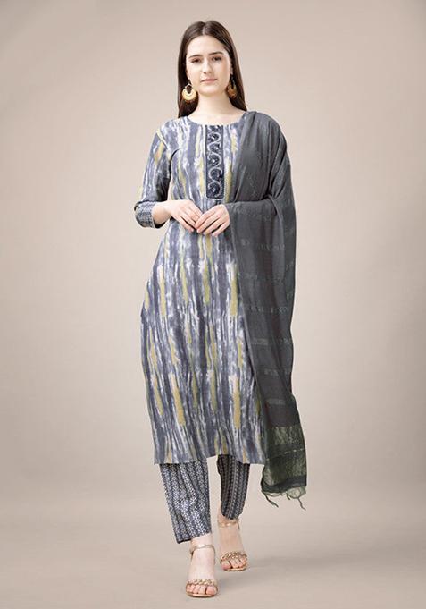 Grey Embroidered Rayon Kurta Set