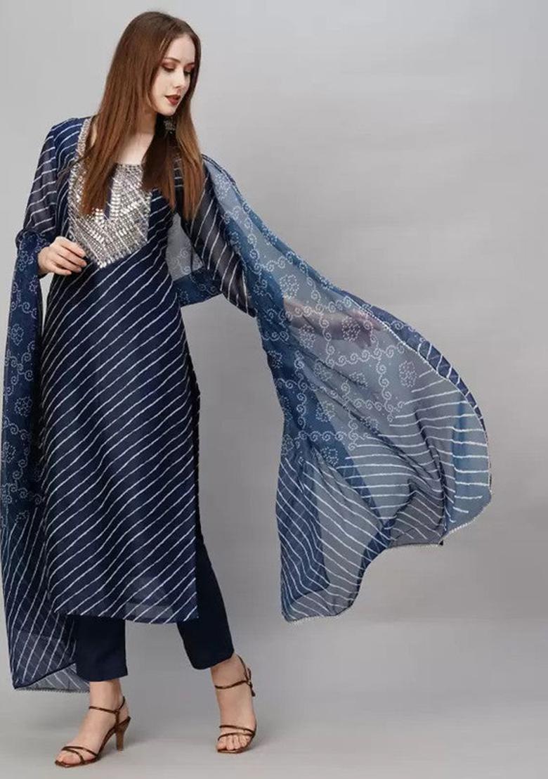 Navy Blue Embroidered Viscose Kurta Set