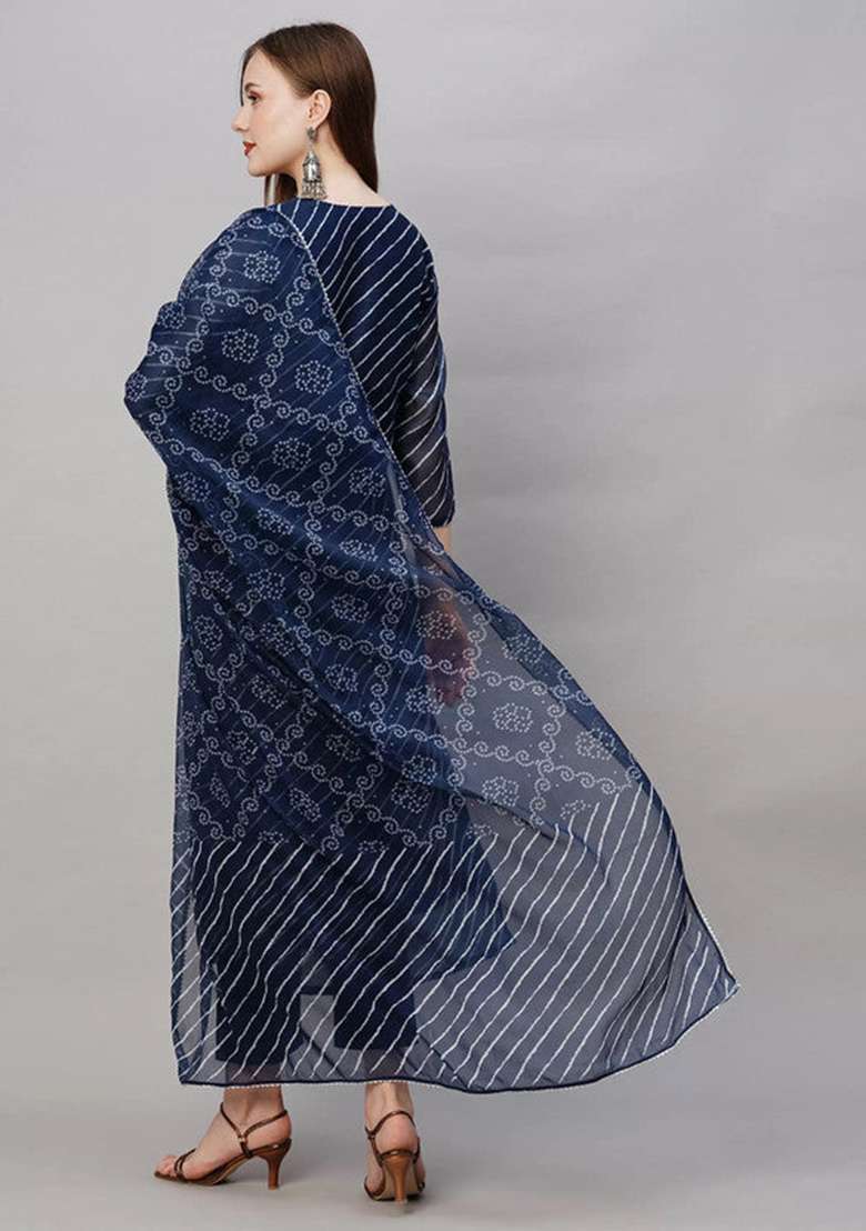 Navy Blue Printed Viscose Straight Kurta Set - Indya