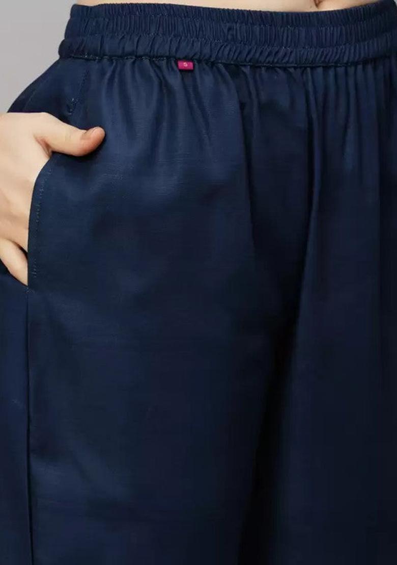 Navy Blue Embroidered Viscose Kurta Set