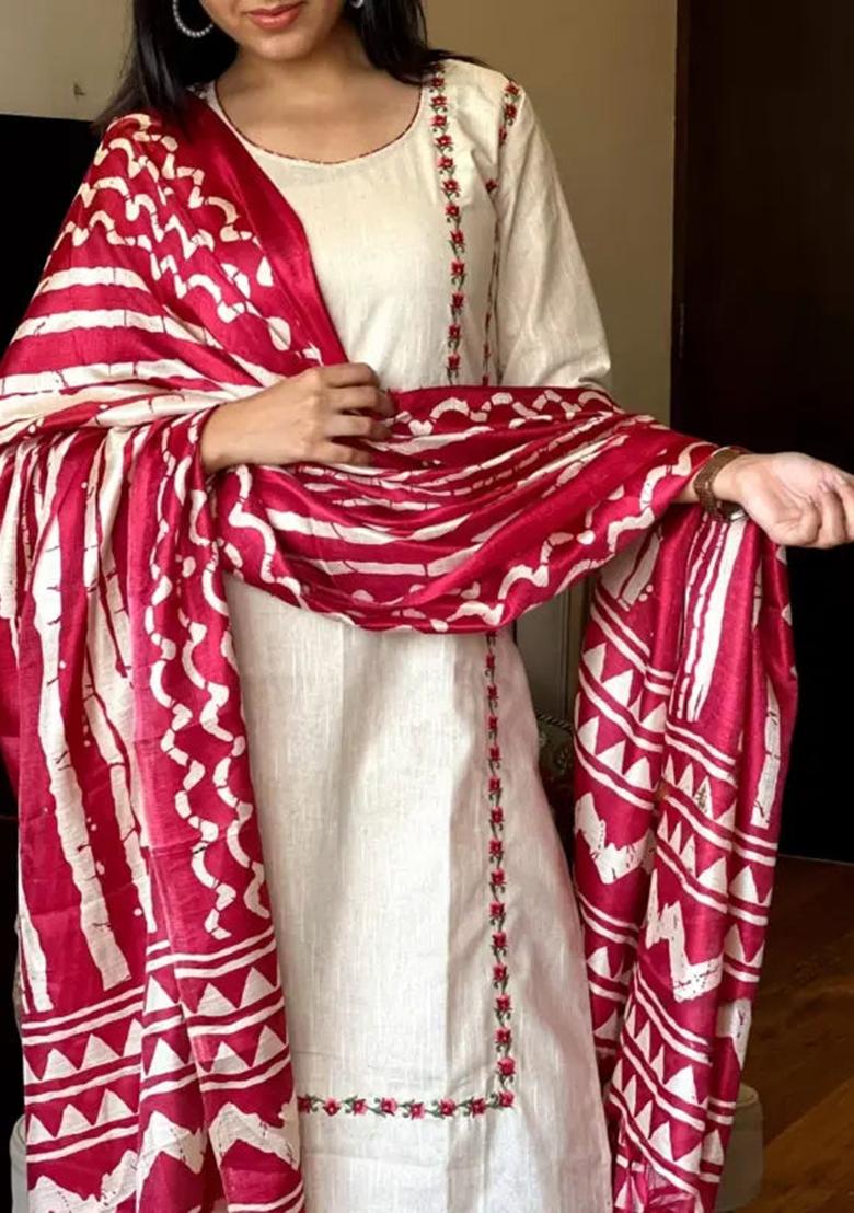 Red Embroidered Pure Cotton Kurta Set