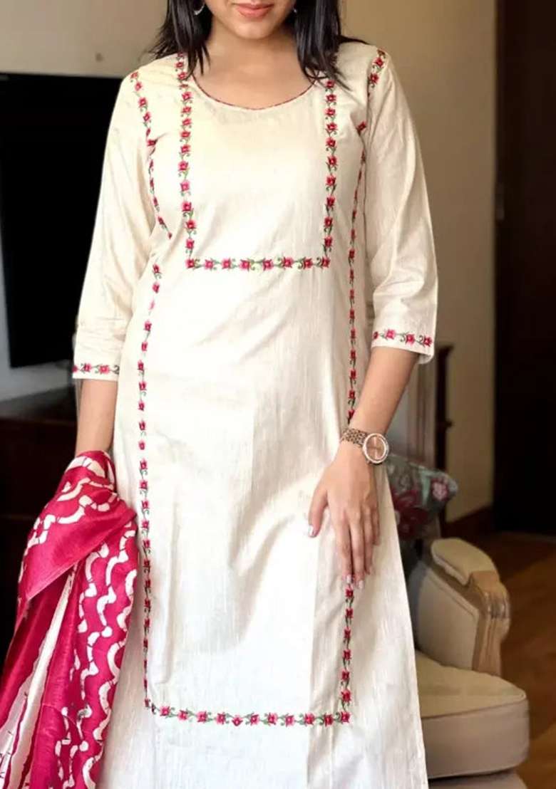 Red Embroidered Cotton Straight Kurta Set - Indya