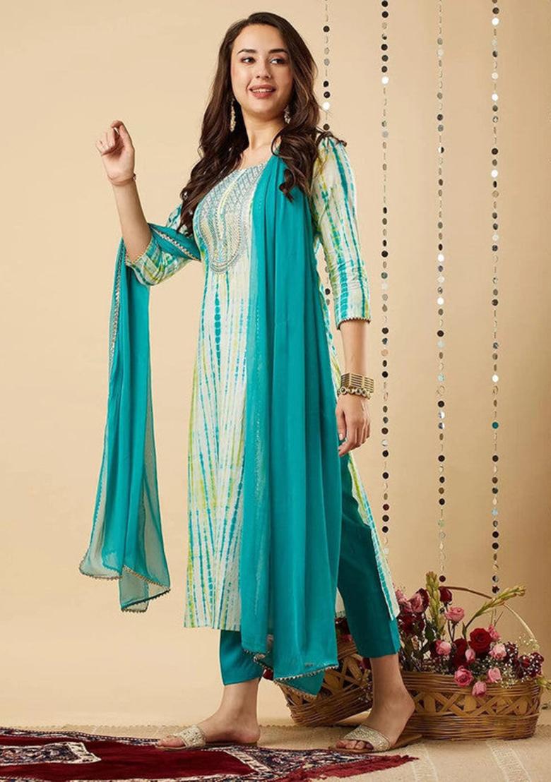 Sky Blue Embroidered Viscose Kurta Set