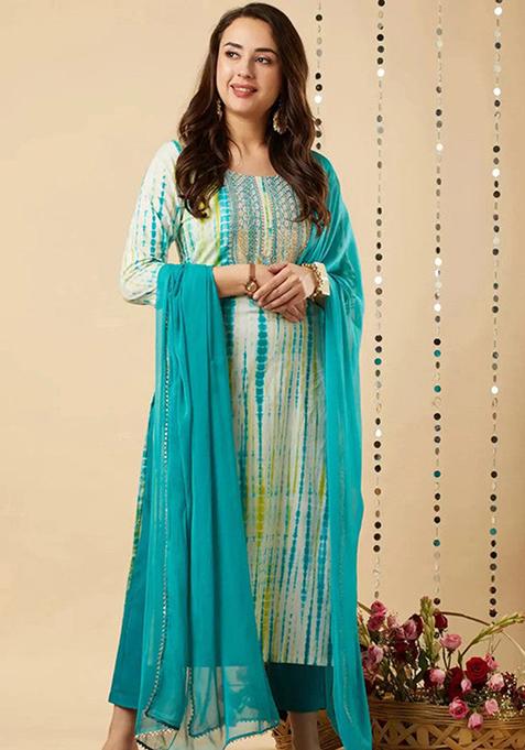 Sky Blue Embroidered Viscose Kurta Set