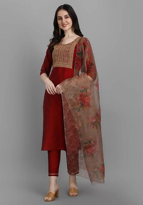 Maroon Embroidered Cotton Silk Kurta Set