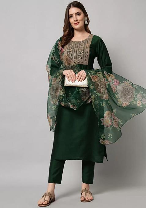 Green Embroidered Cotton Silk Kurta Set