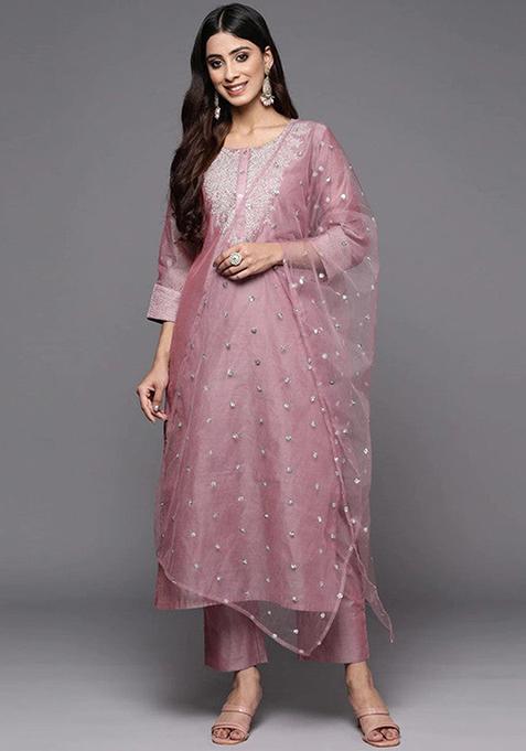 Rose Golden Embroidered Poly Silk Kurta Set