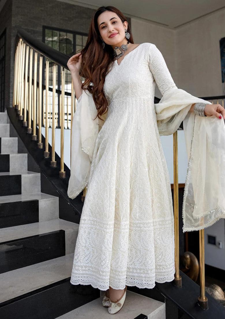 White Embroidered Cotton Anarkali Set