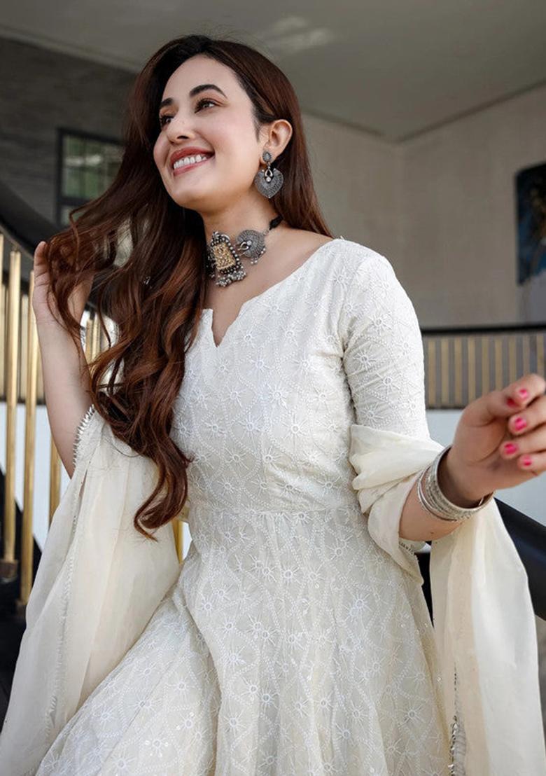 White Embroidered Cotton Anarkali Set