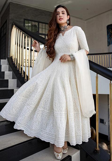 White Embroidered Cotton Anarkali Set