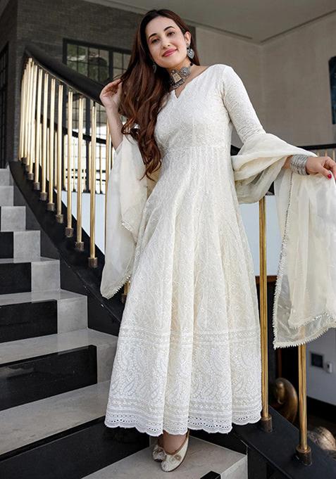 White Embroidered Cotton Anarkali Set