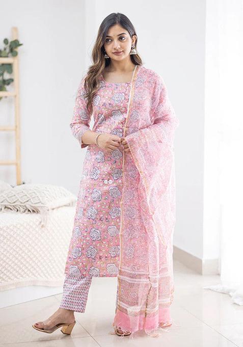 Pink Printed Cotton Kurta Set