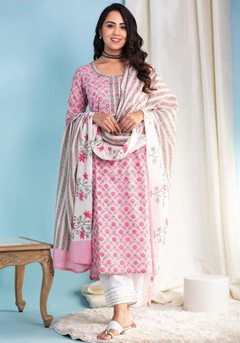 Pink Printed Cotton Kurta Set