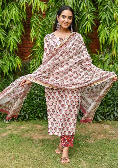 Red Printed Cotton Kurta Set