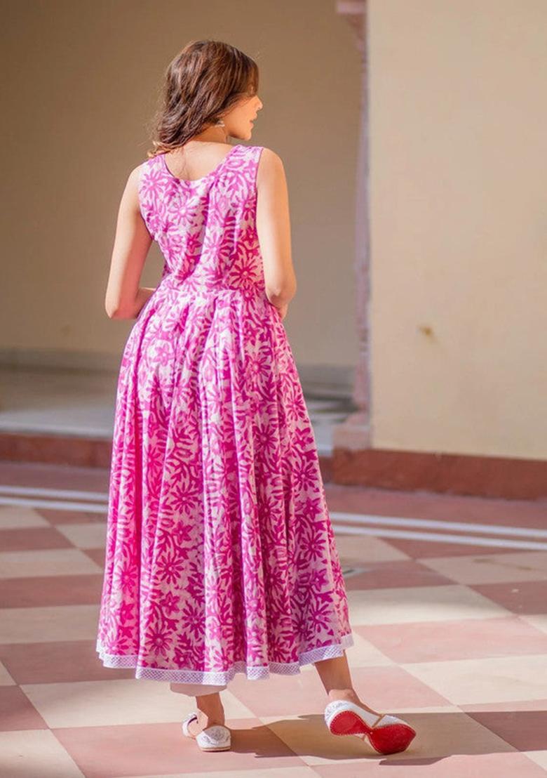 Pink Printed Cotton Kurta Set