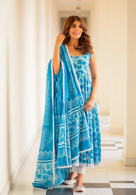 Sky Blue Printed Cotton Kurta Set