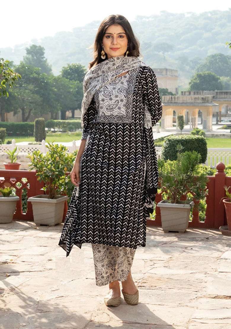 Black Printed Cotton Straight Kurta Set - Indya