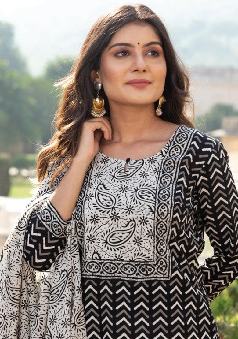 Black Printed Cotton Kurta Set