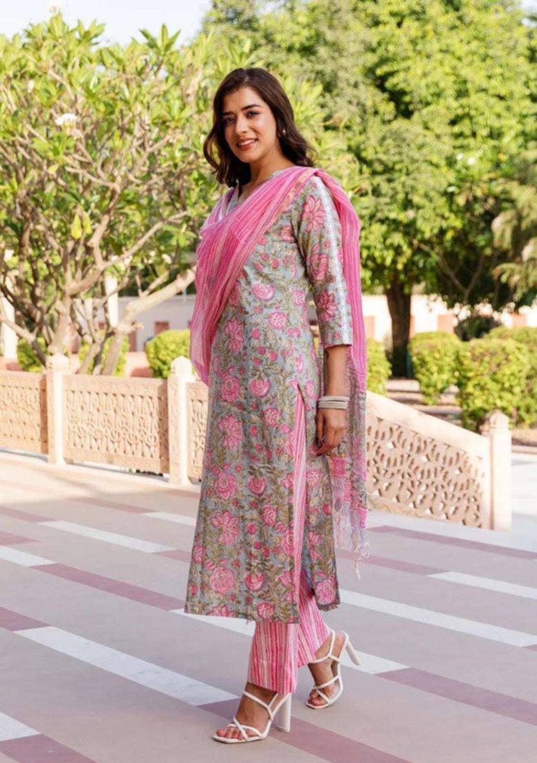 Pink Printed Cotton Kurta Set