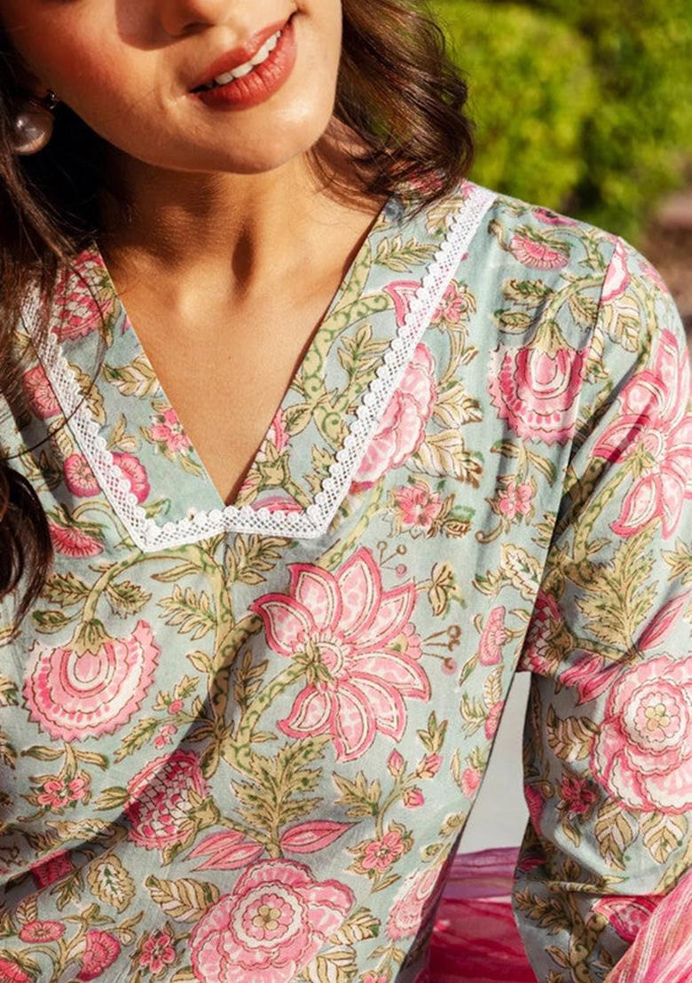 Pink Printed Cotton Kurta Set