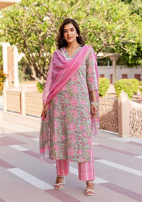 Pink Printed Cotton Kurta Set