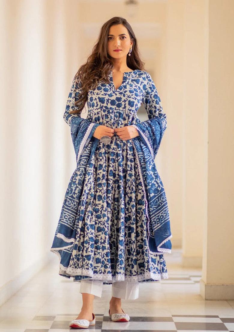 Blue Printed Cotton Anarkali Set - Indya