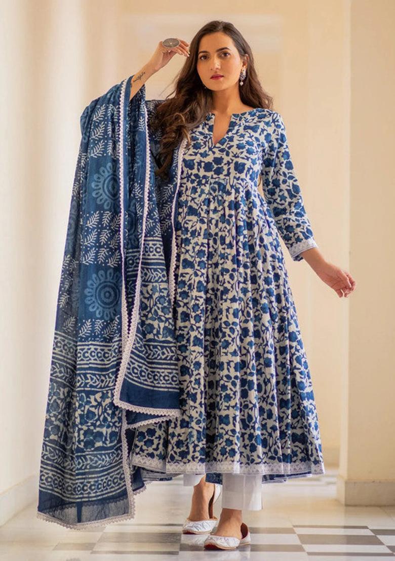 Blue Printed Cotton Kurta Set
