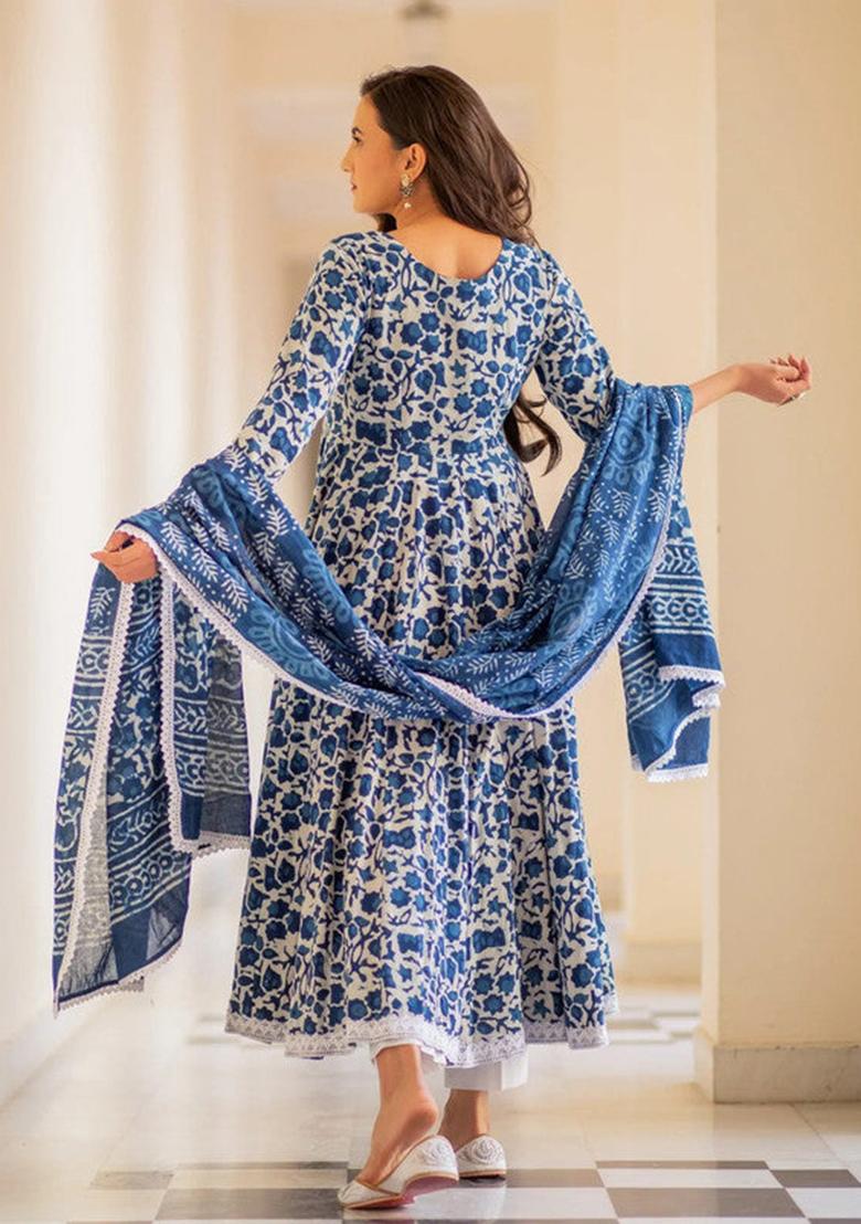 Blue Printed Cotton Anarkali Set - Indya