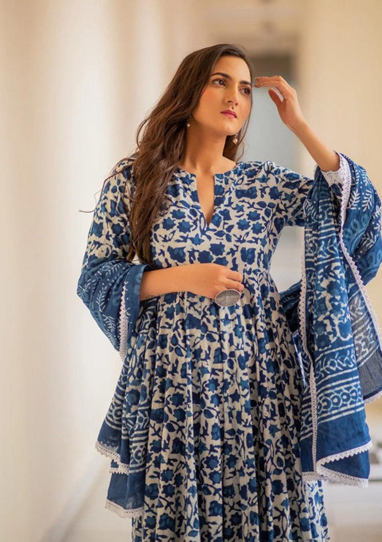 Blue Printed Cotton Kurta Set