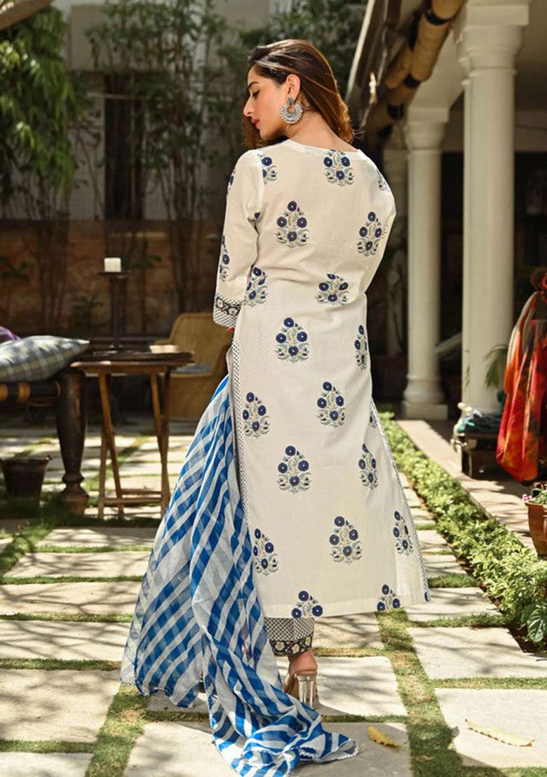 White And Blue Embroidered Cotton Straight Kurta Set - Indya