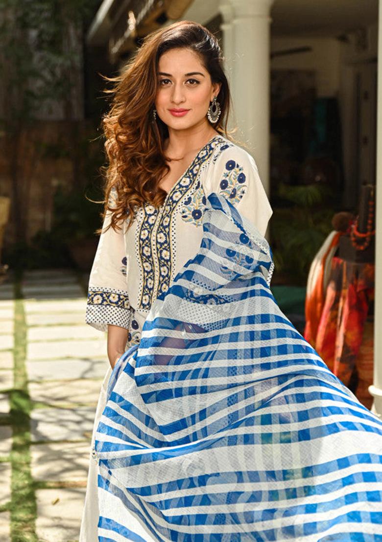 White And Blue Printed Cotton Kurta Set