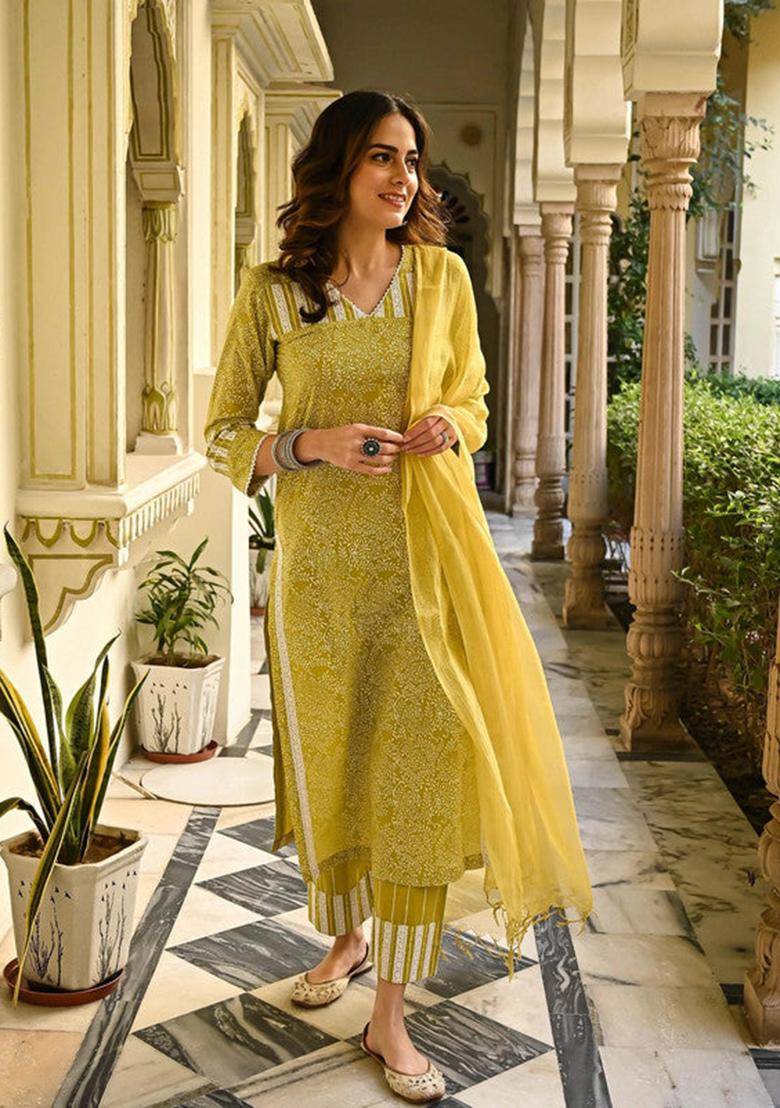 Mustard Printed Cotton Kurta Set
