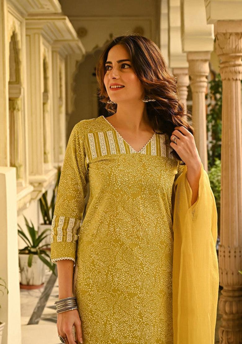 Mustard Printed Cotton Kurta Set