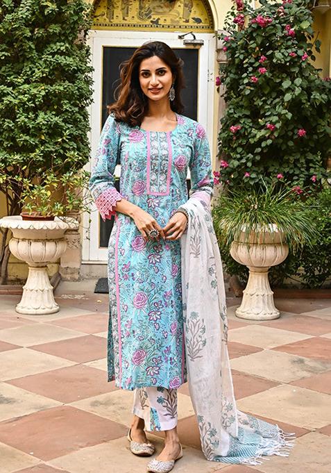 Sky Blue Printed Cotton Kurta Set