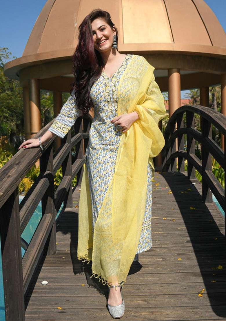 White And Yellow Printed Cotton Straight Kurta Set - Indya
