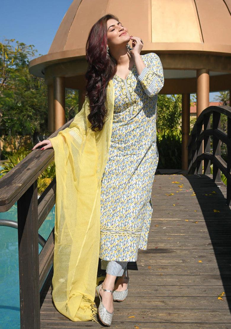 White And Yellow Printed Cotton Kurta Set