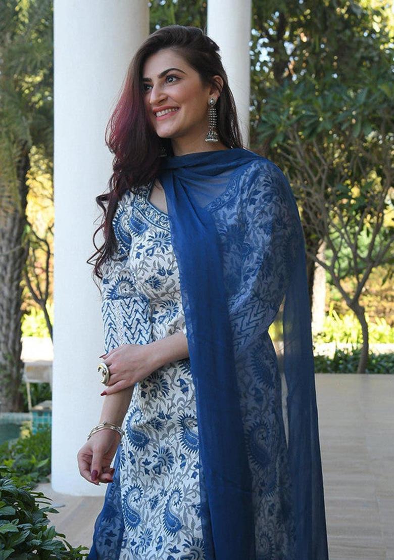 White And Blue Printed Cotton Kurta Set