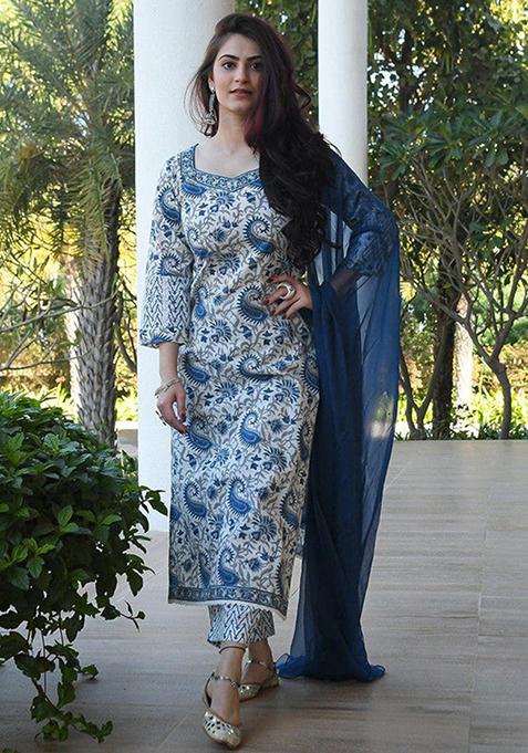 White And Blue Printed Cotton Kurta Set