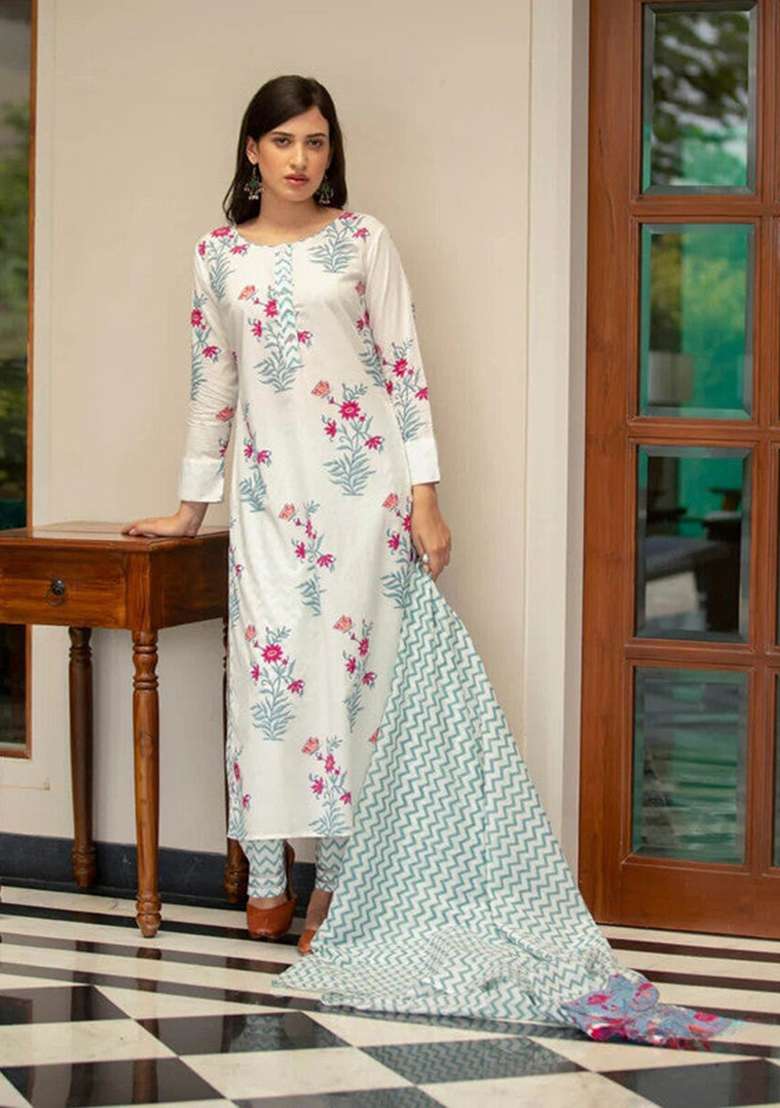 White Floral Print Cotton Straight Kurta Set - Indya