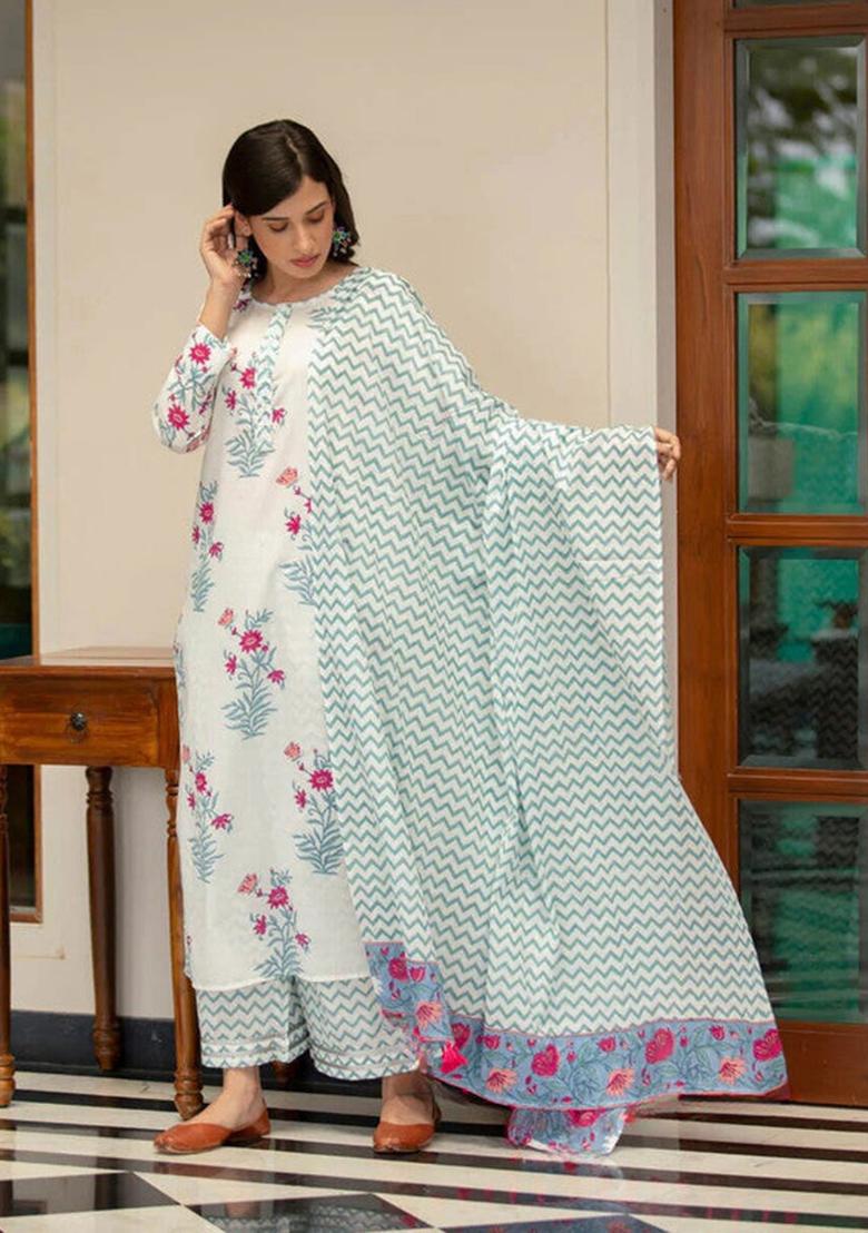 White Printed Cotton Kurta Set